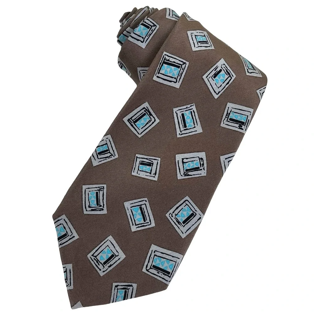 Vintage Oakton Ltd Silk Necktie Tie Mens Brown Geometric Abstract 80s New Wave